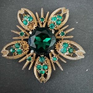 Mid Century Gold and Green Brooch